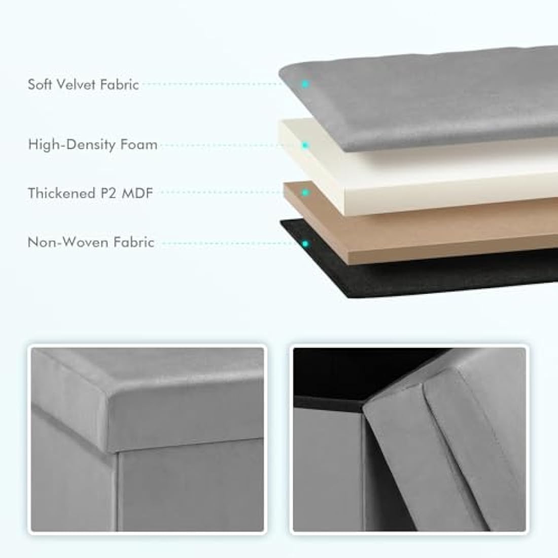Grey Velvet Folding Storage Ottoman Chair with Backrest