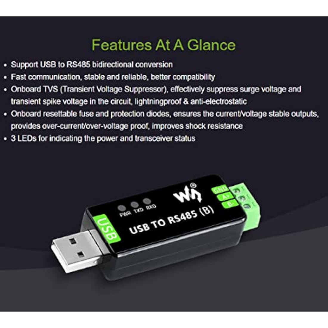 Waveshare USB to RS485 Industrial Converter – CH343G Chip (2-Pack)