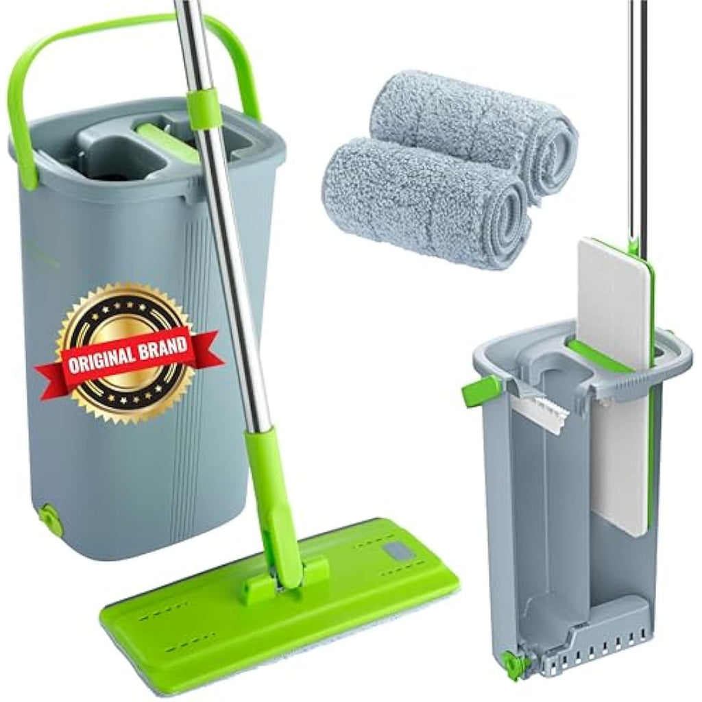 Flat Mop and Bucket Set | 2 Microfibre Pads | Green