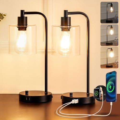 Homelist Industrial Dimmable Bedside Lamps Set of 2 with USB Ports
