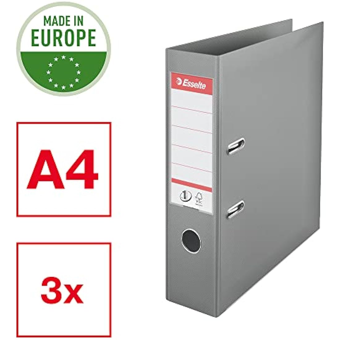 Esselte VIVIDA A4 Lever Arch File | 75mm Spine | Grey Plastic | 3 Pack