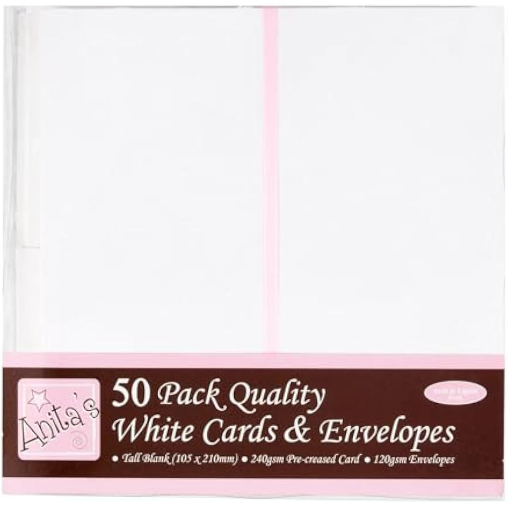 Anita's Tall Blank Cards & Envelopes | White 10.5x21cm | Pack of 50