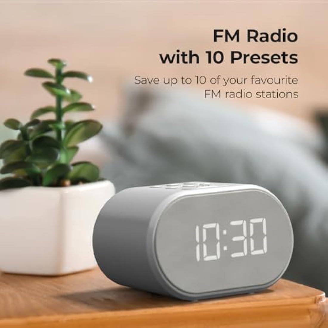 i-box Bedside FM Radio Alarm Clock with USB Charging & Dual Alarms - Grey