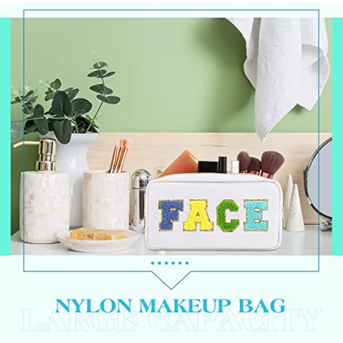 Jolof Store 4-Piece Preppy Nylon Makeup Bag Set with Chenille Letter Patches