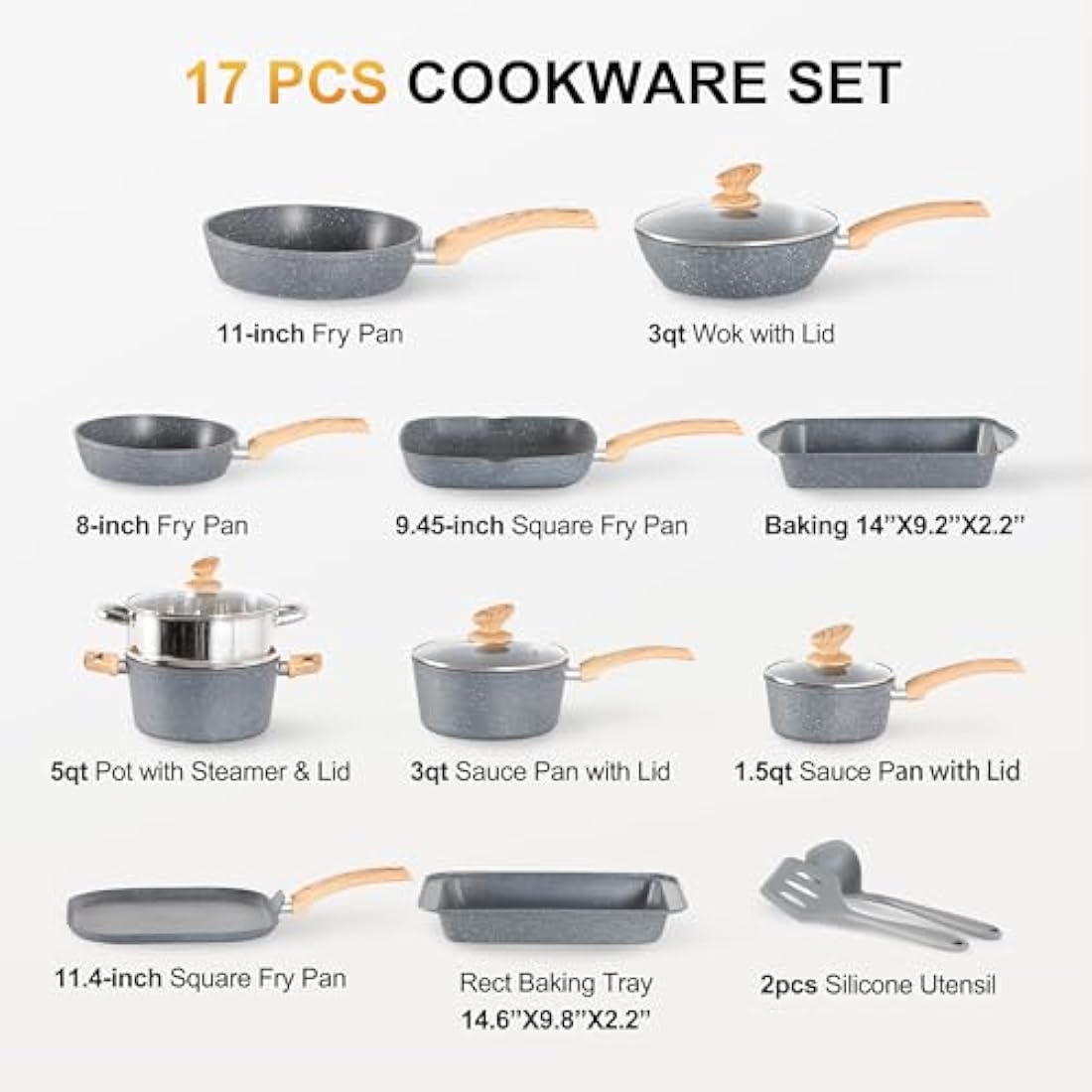 Kitchen Academy 17-Piece Non-Stick Granite Induction Cookware Set