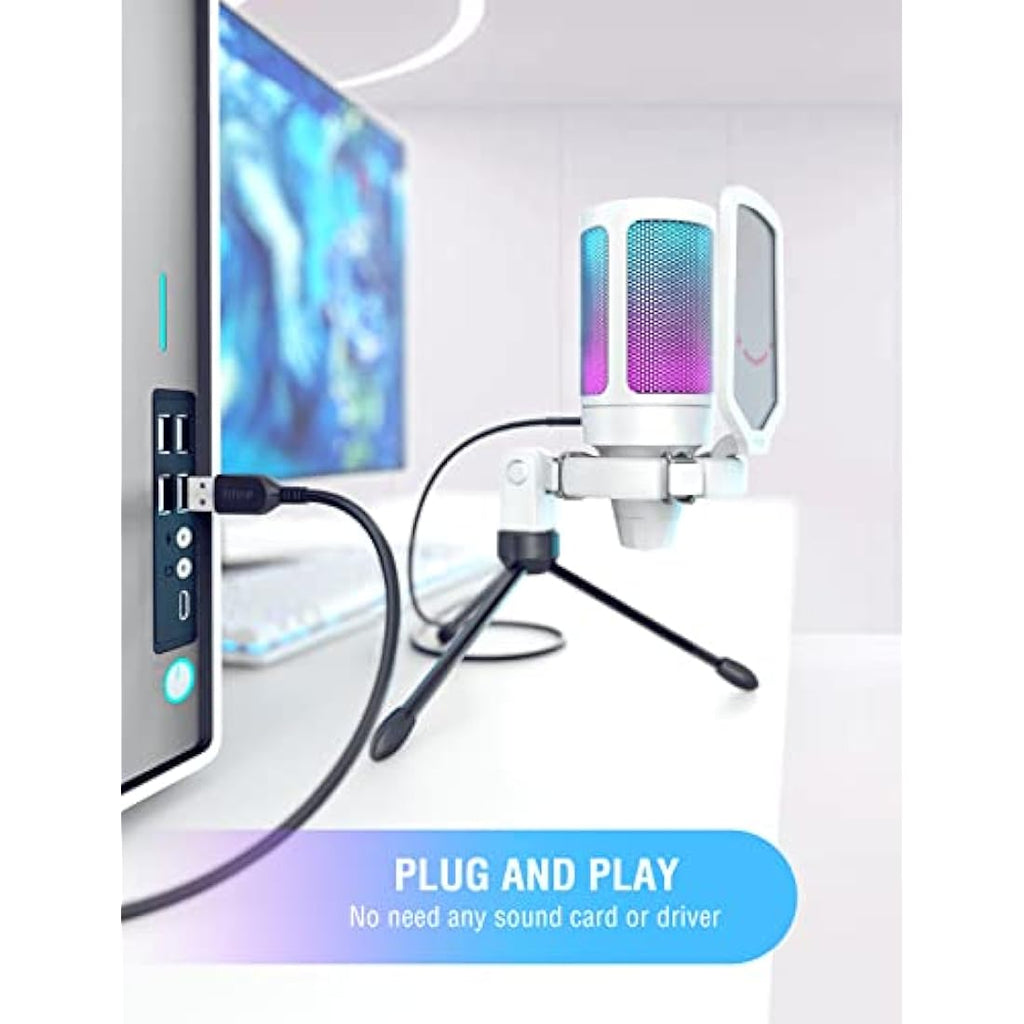 FIFINE A6V USB Gaming Microphone – RGB Condenser Mic with Shock Mount, White