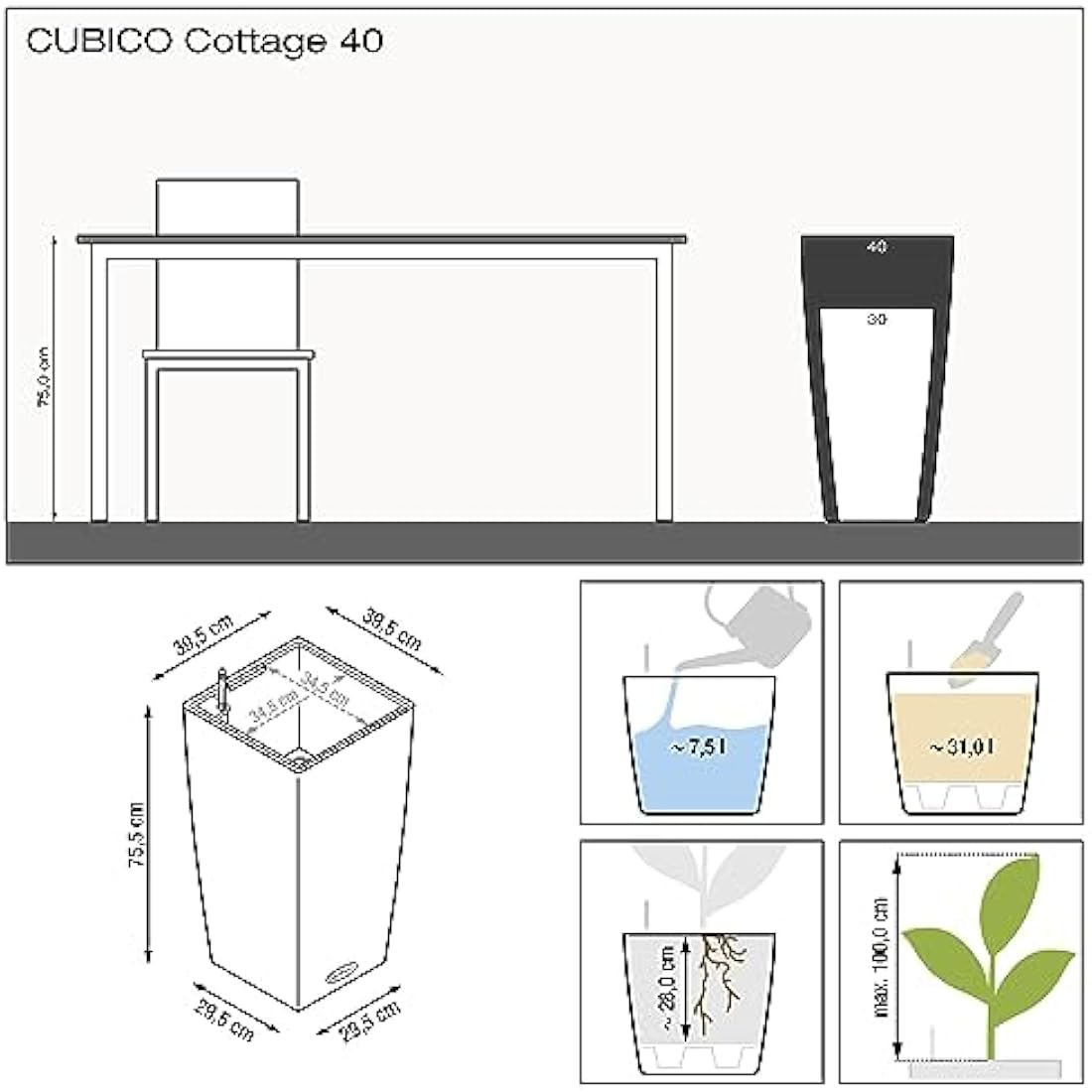 Lechuza Cubico Cottage 40 Self-Watering Planter - Graphite Black