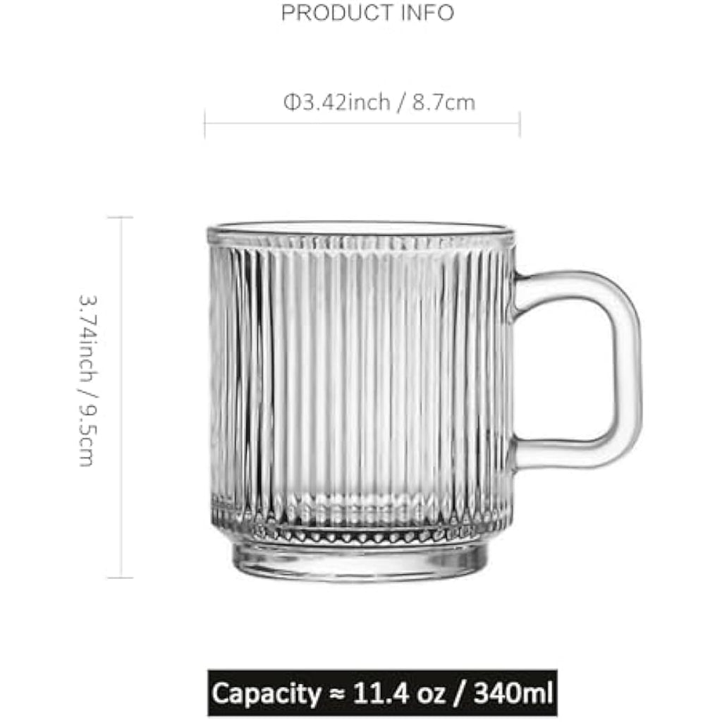 Glass Coffee Mugs – 6 Pack Striped 340ml Tea Cup Set