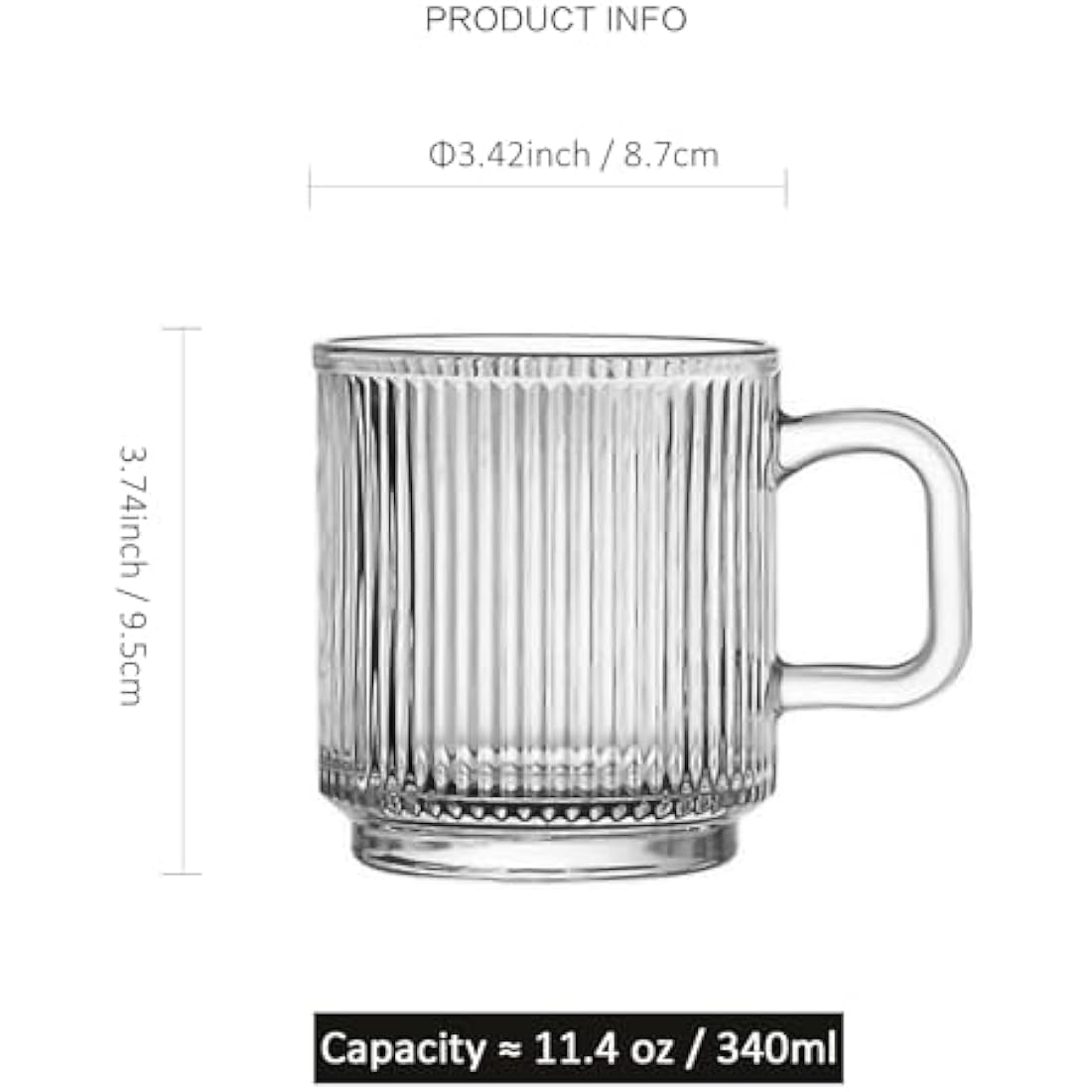 Glass Coffee Mugs – 6 Pack Striped 340ml Tea Cup Set