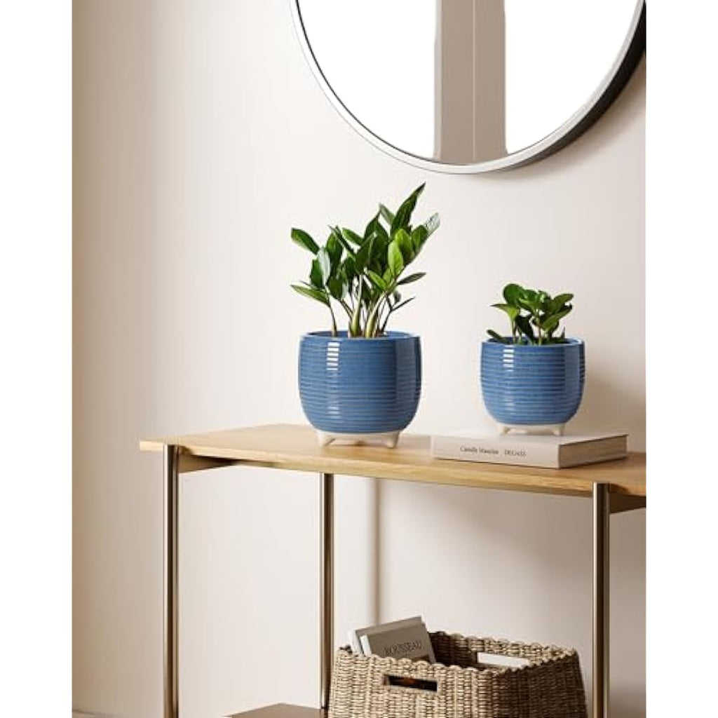 LE TAUCI Ceramic Plant Pots | Set of 2 Indoor Planters with Drainage Blue
