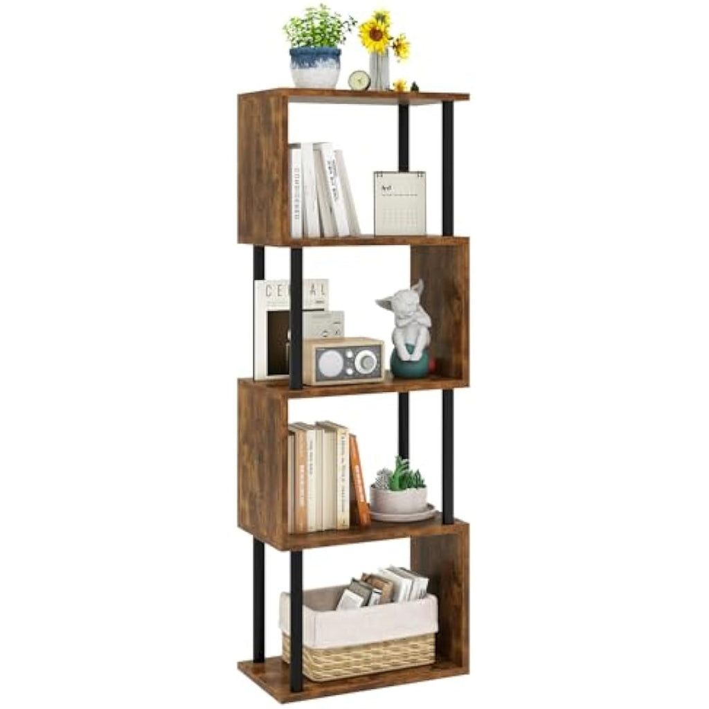 IBUYKE 6-Tier S-Shaped Geometric Bookshelf | Rustic Brown Wood Display Shelf