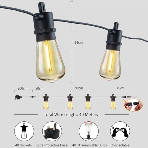 40M Festoon Lights Outdoor - IP65 Waterproof 43 LED Bulbs