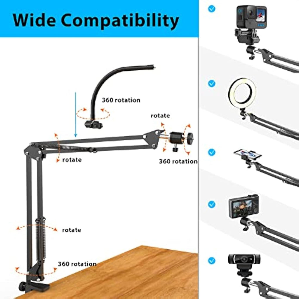 Overhead Phone Mount with Ring Light | Flexible Desk Stand