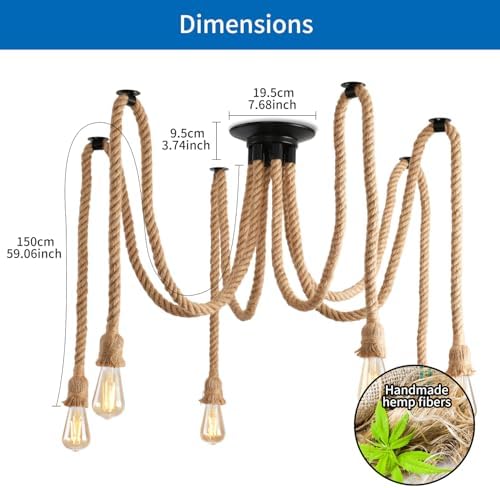 6-Head Industrial Spider Chandelier | Hemp Rope Pendant