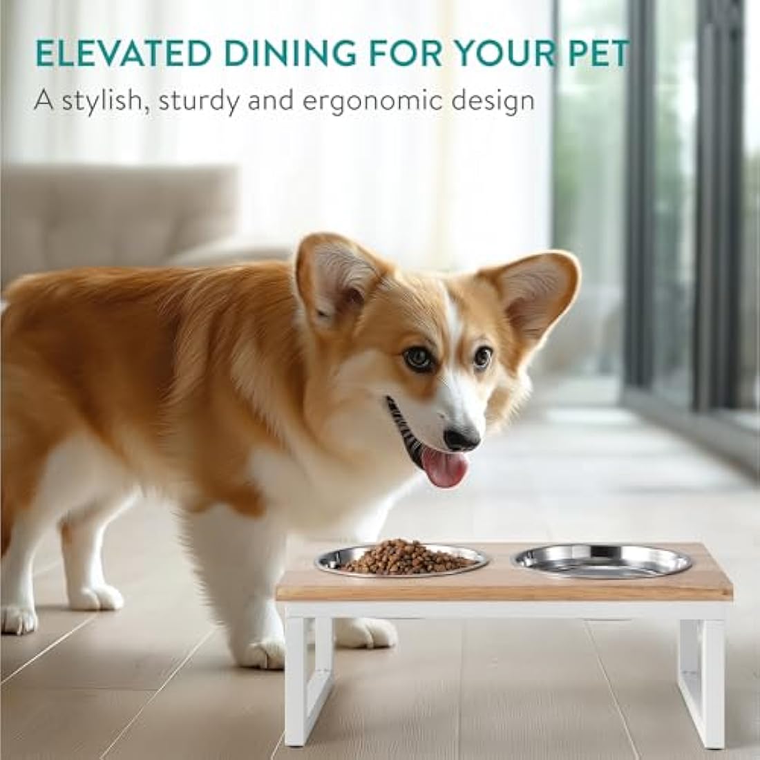 Navaris Large Elevated Wooden Dog Bowl Stand – Foldable Pet Feeder
