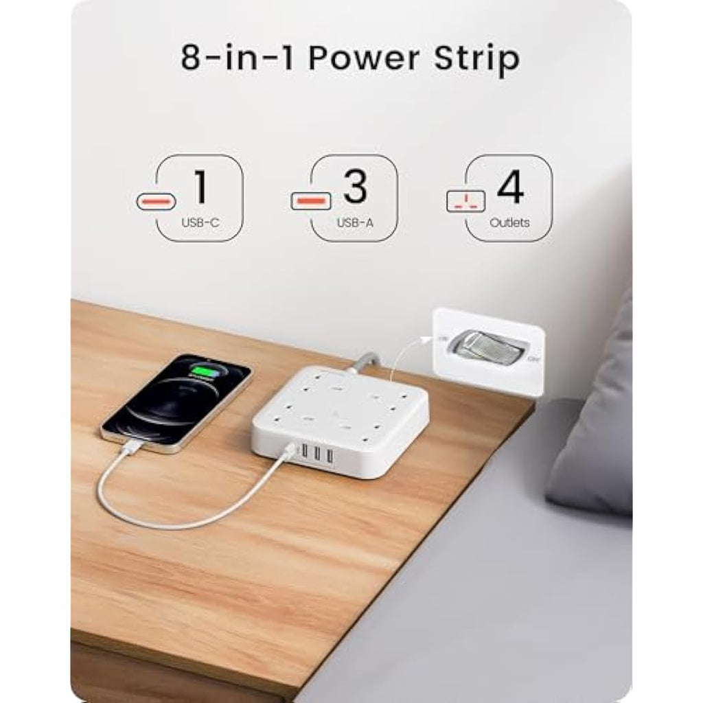 LENCENT 4-Way Power Strip – 3M Braided Extension Lead with USB-C & USB
