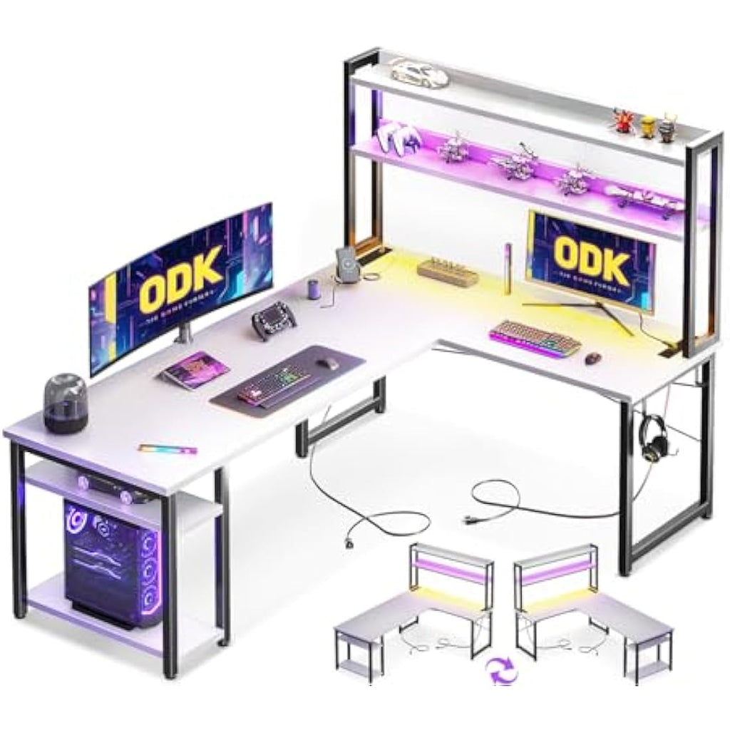 ODK L-Shaped Gaming Desk with LED Lights and Power Outlets - White