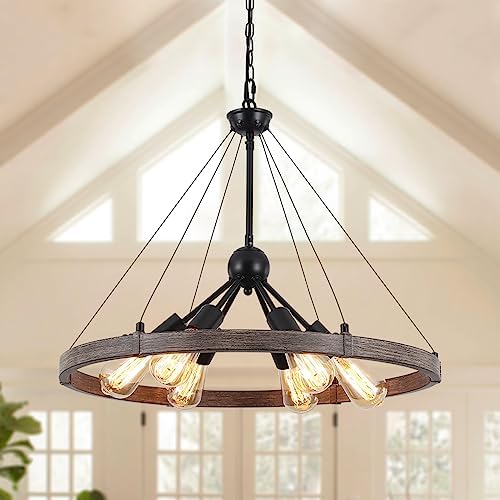 MRHYSWD 6-Light Wagon Wheel Chandelier – Rustic Industrial Black Metal