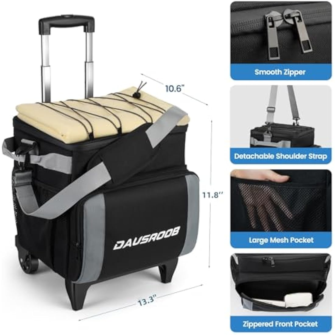 DAUSROOB Rolling Cooler | 48-Can Insulated Soft Sided Wheeled Ice Chest