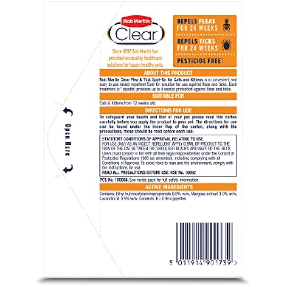 Bob Martin Clear Flea and Tick Repellent for Cats - 6 Pipettes
