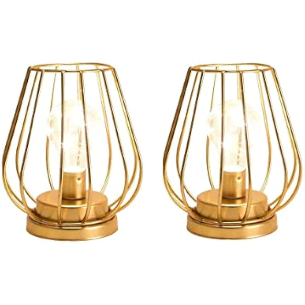 Metal Battery Operated Table Lamp – Set of 2 Gold Cage Lanterns