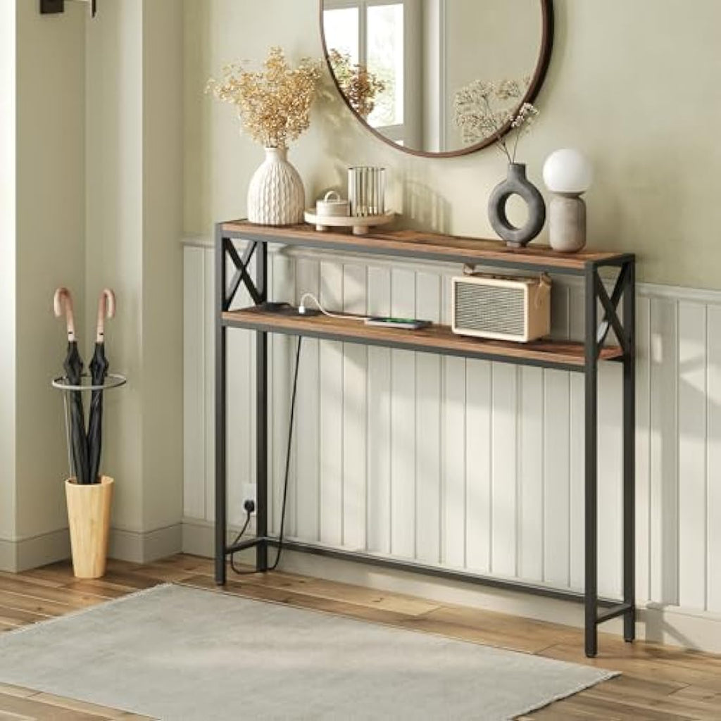 MAHANCRIS Narrow Console Table with Charging Station | Rustic Brown