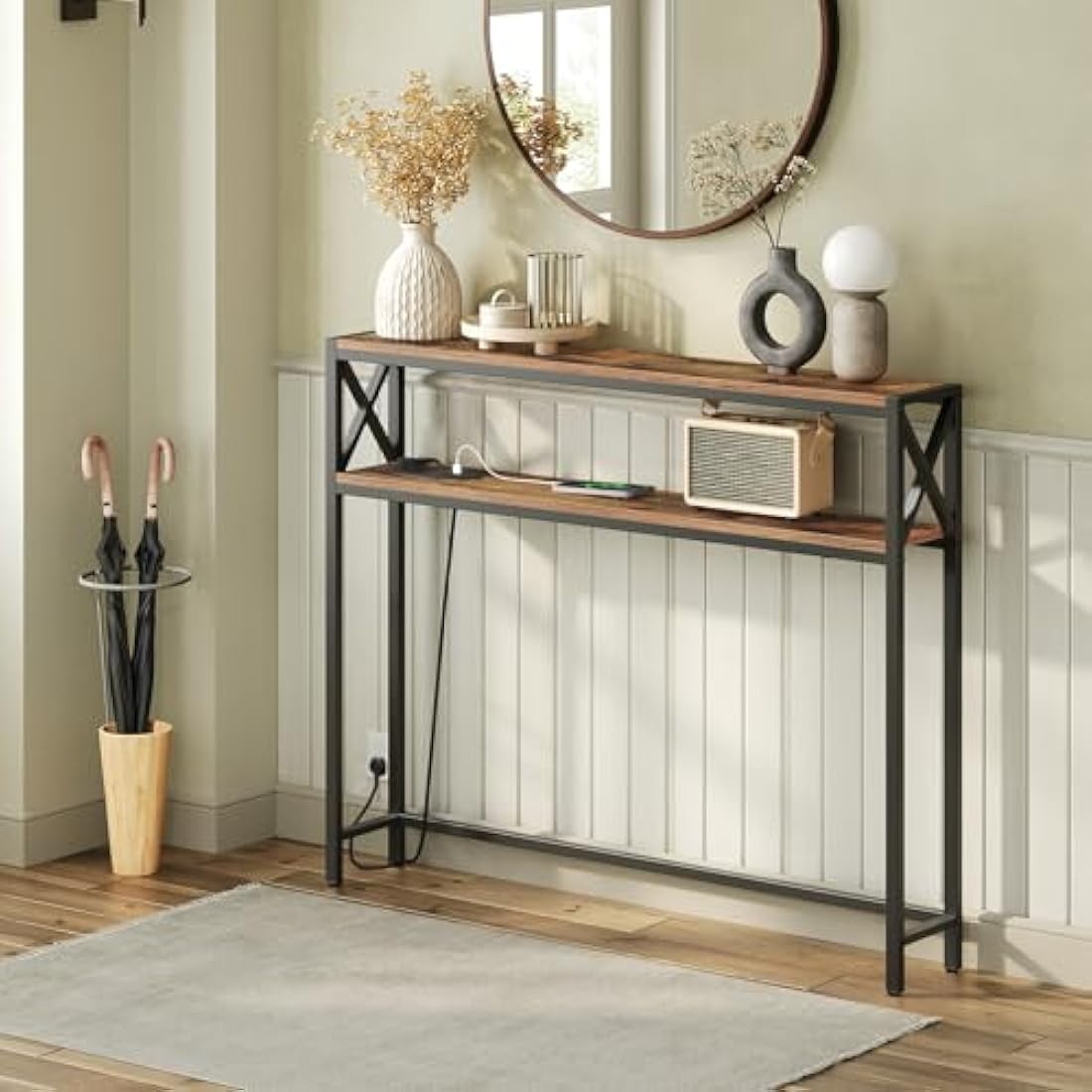 MAHANCRIS Narrow Console Table with Charging Station | Rustic Brown