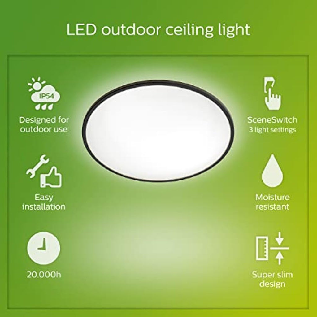 Philips SuperSlim 15W LED Outdoor Ceiling Light – IP54 Black Cool White