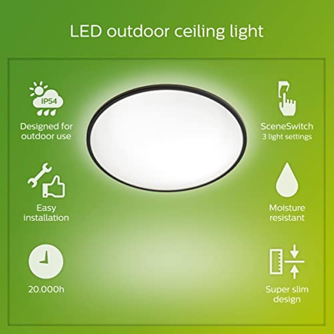Philips SuperSlim 15W LED Outdoor Ceiling Light – IP54 Black Cool White