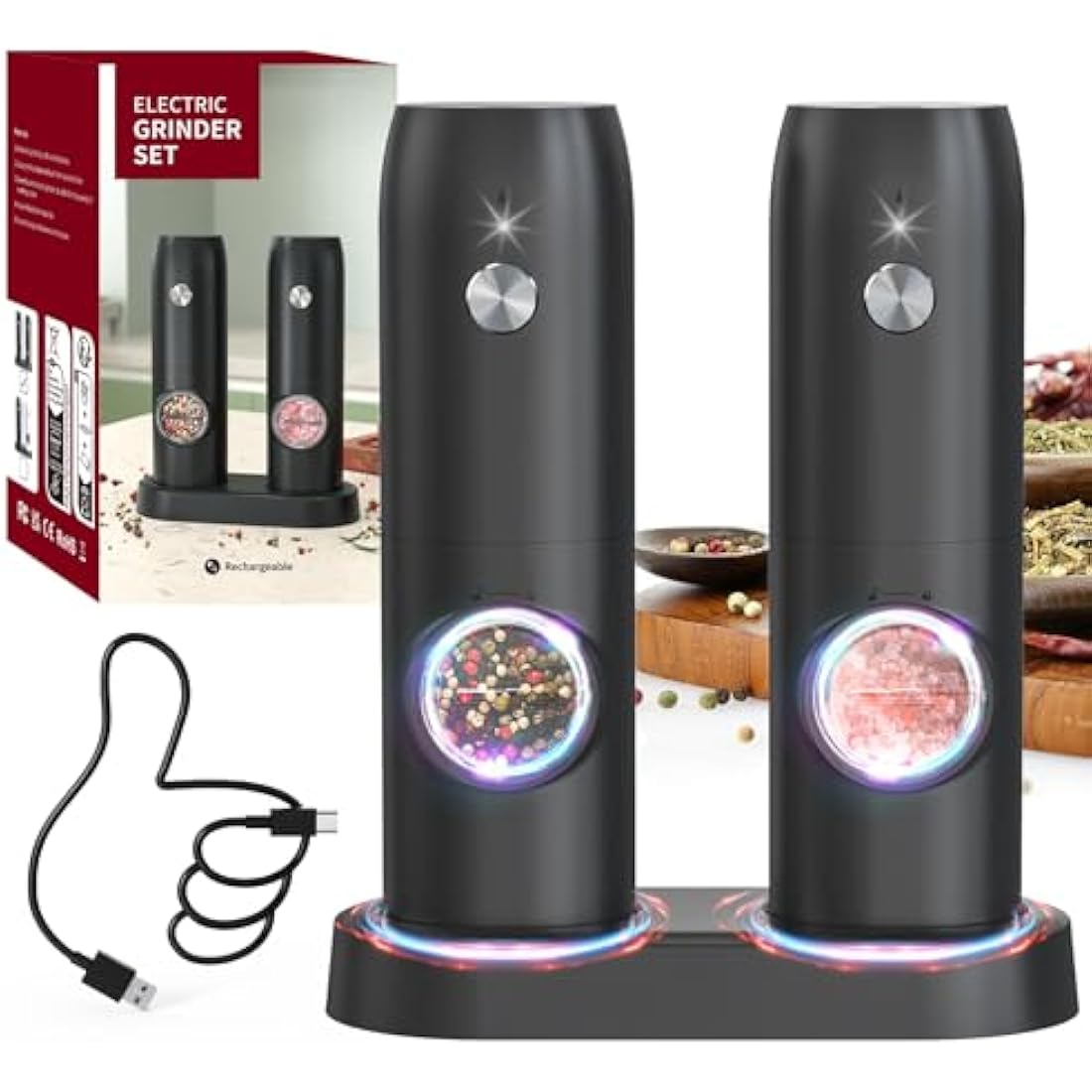 CIRCLE JOY Electric Salt and Pepper Grinder Set – USB Rechargeable, 2 Pack