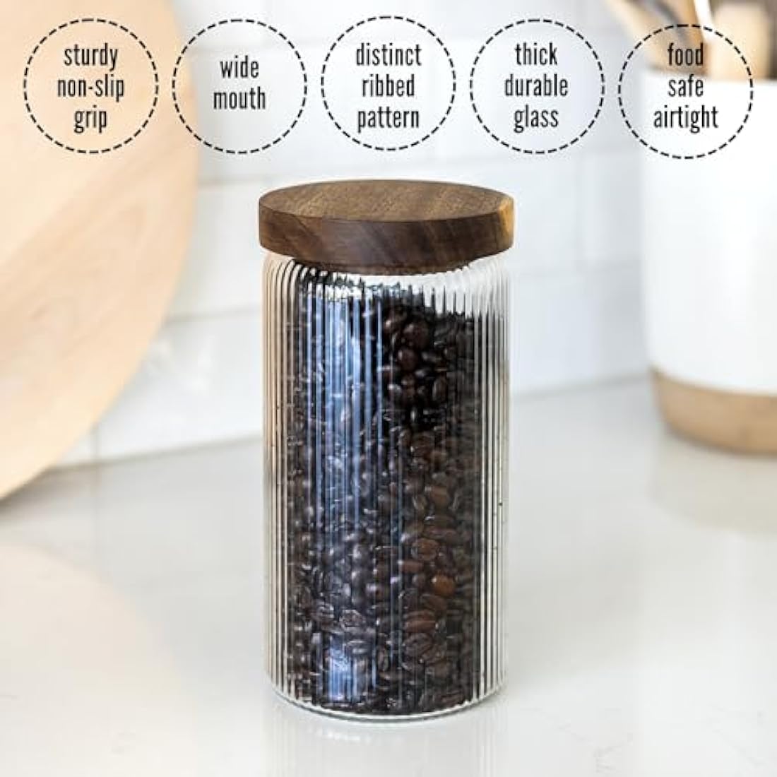 Mason & Fable Ribbed Glass Jars with Acacia Wood Lids - 800ml Set of 3