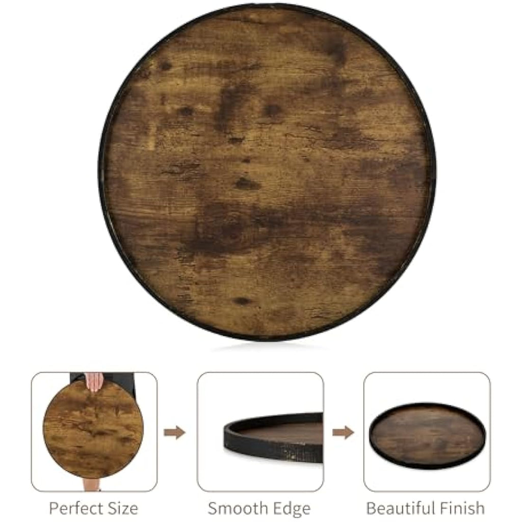 Hanobe 45cm Round Wooden Serving Tray – Rustic Ottoman Coffee Table Decor
