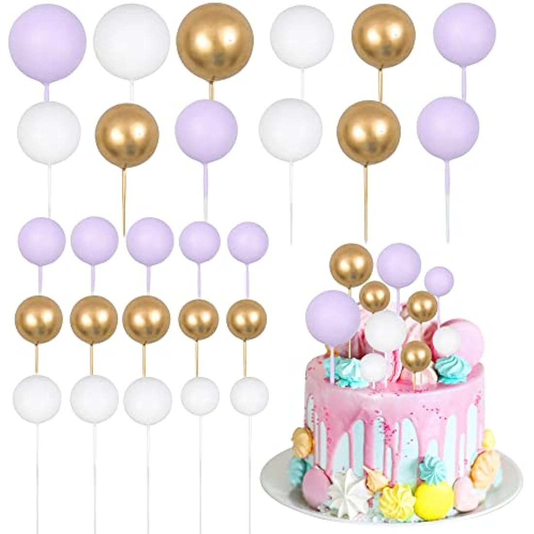 30Pcs Ball Cake Toppers | Purple Gold White Cupcake Picks