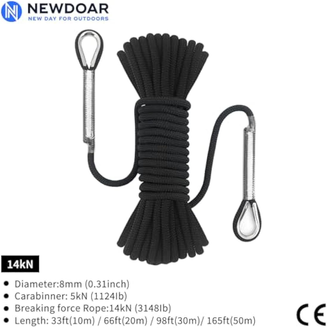 NewDoar 8mm Static Climbing Rope – 14KN Safety Cord with 2 Carabiners
