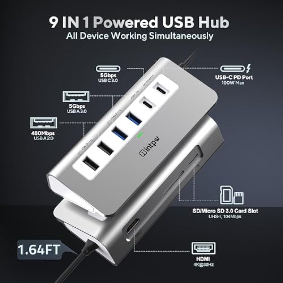Intpw 9-in-1 USB C Hub – 4K HDMI, 100W PD, Aluminum Multiport Adapter
