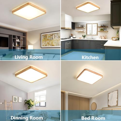 YYUTLUO Square Wood LED Ceiling Light – 30W Dimmable Flush Mount Lamp