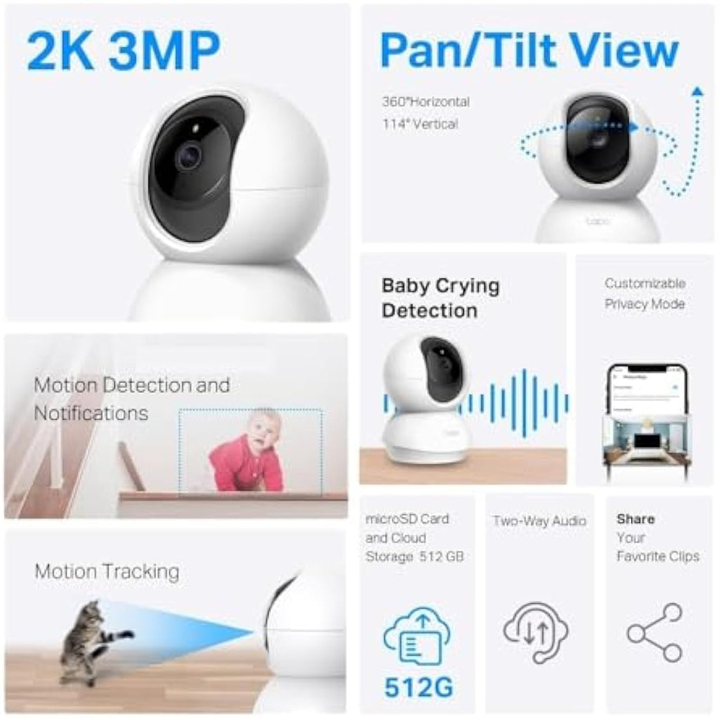 TP-Link Tapo C210P2 2K 3MP Indoor Security Camera | 360° Pan/Tilt | 2-Pack