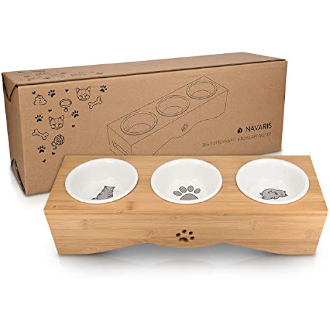 Navaris Elevated Triple Cat Bowls - Ceramic Feeder with Bamboo Stand