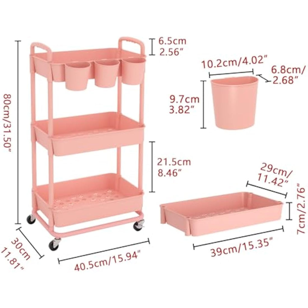 JIUYOTREE 3-Tier Rolling Utility Cart with Handles and Wheels - Pink