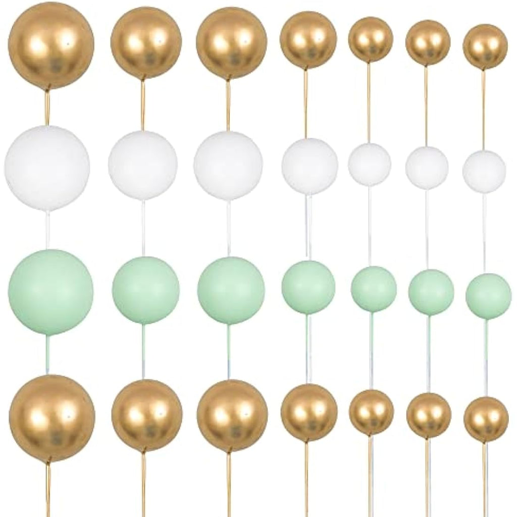Gyufise 30Pcs Ball Cake Toppers | Green Gold White Foam Cupcake Decor