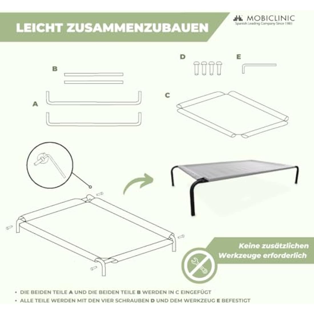Mobiclinic Cleo Elevated Dog Bed | Cooling Outdoor Pet Cot, Grey