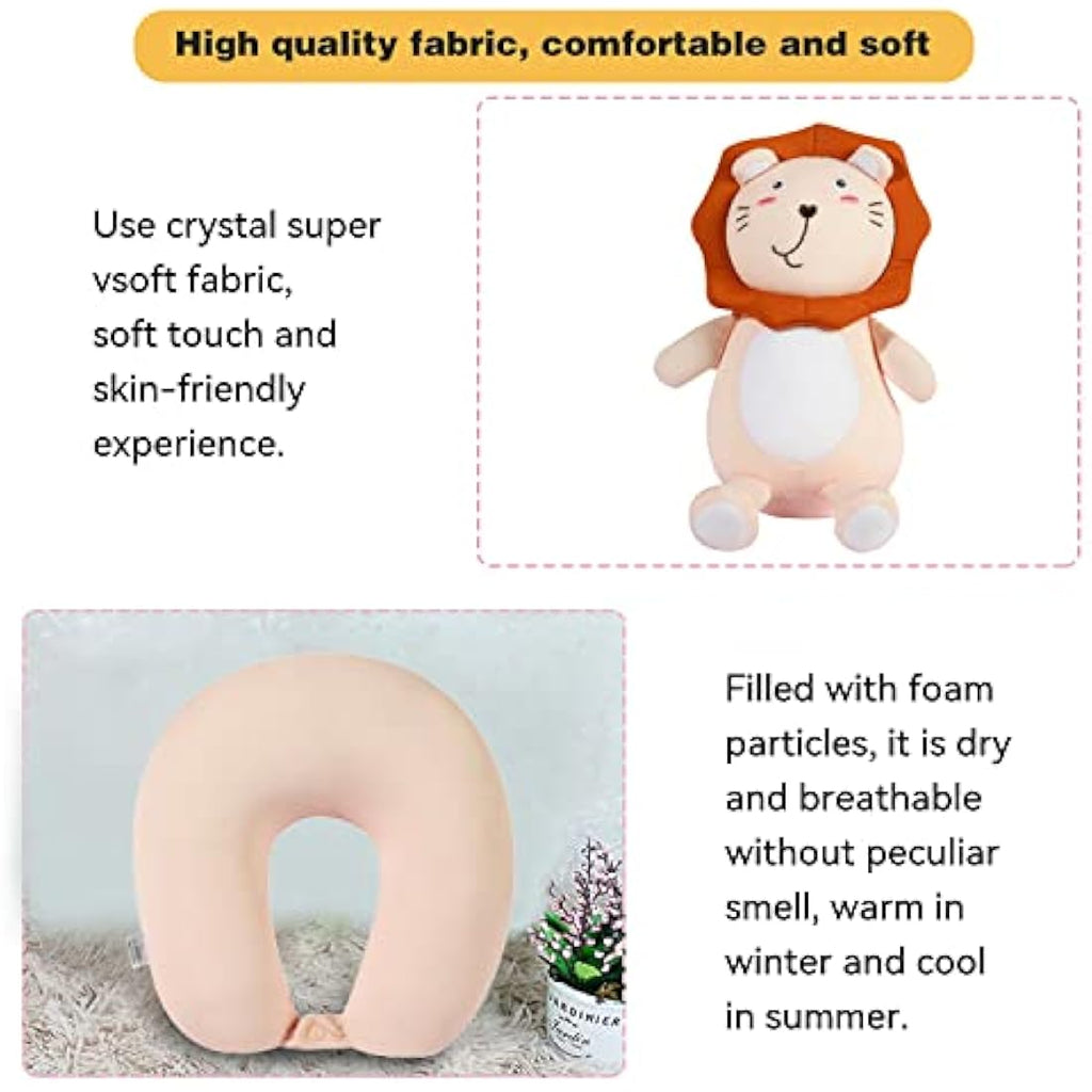 JOYRAVO 2-in-1 Kids Travel Pillow | Convertible Animal Plushie – Pink Lion