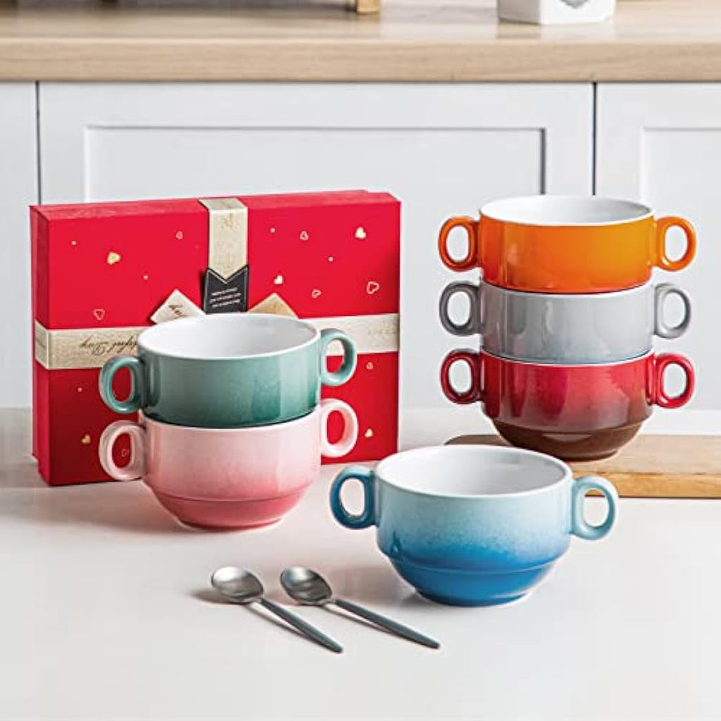 LOVECASA Ceramic French Onion Soup Bowls with Handles - Set of 6