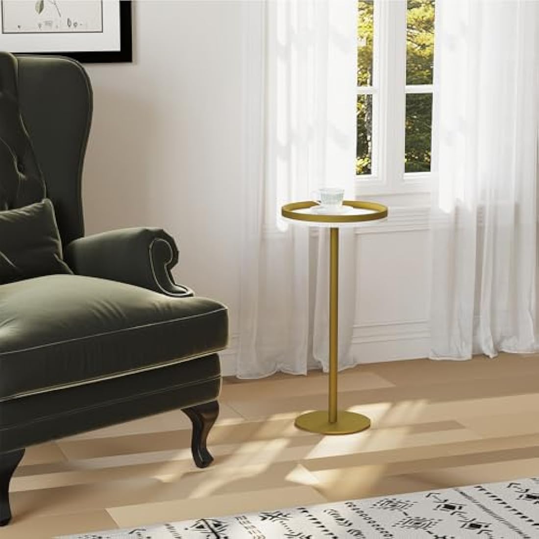 Small Round Drink Table – Modern Pedestal Side Table, White Gold