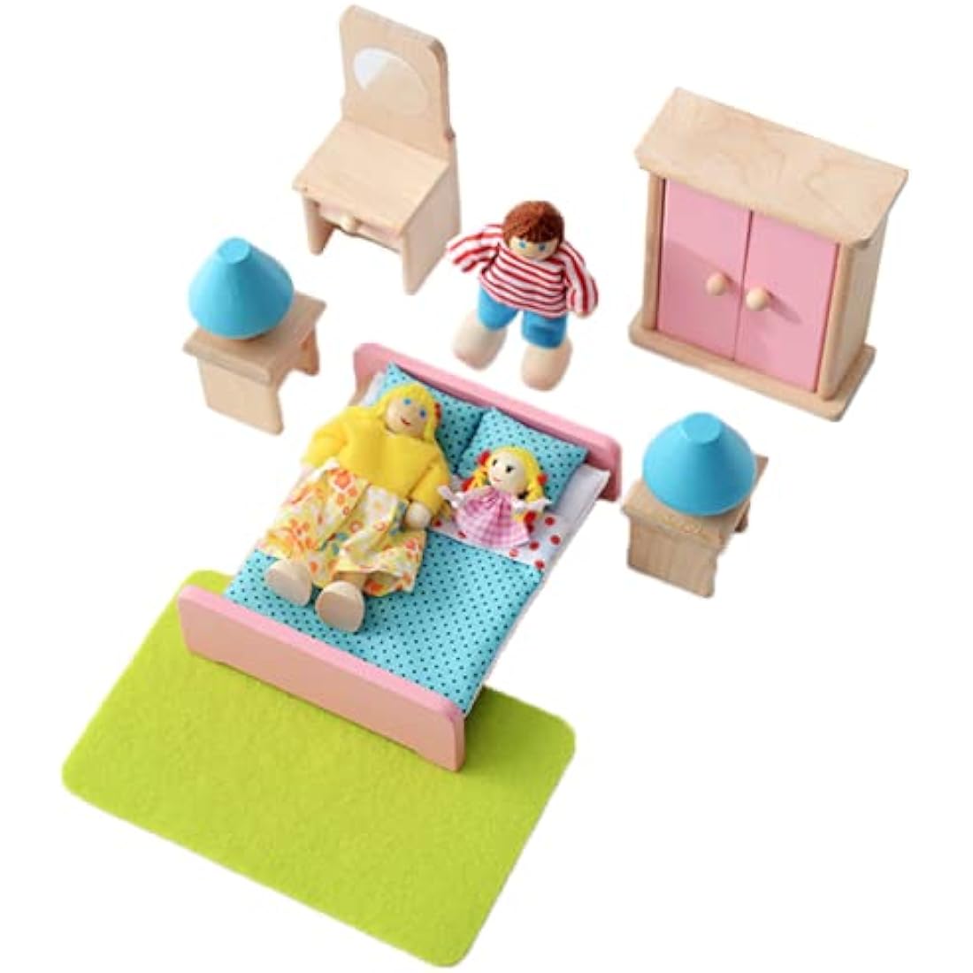 Wooden Dollhouse Furniture Set - 5 Rooms and 7 Dolls