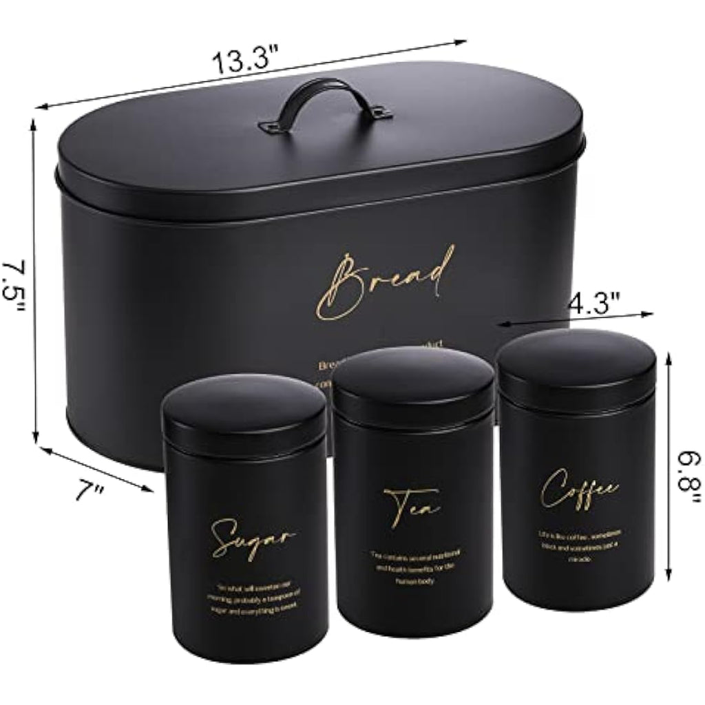 Hacaroa 4-Piece Metal Bread Box and Canister Set – Black & Gold Kitchen Storage