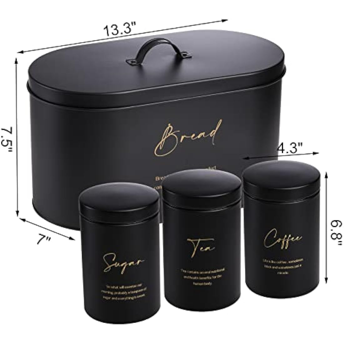 Hacaroa 4-Piece Metal Bread Box and Canister Set – Black & Gold Kitchen Storage
