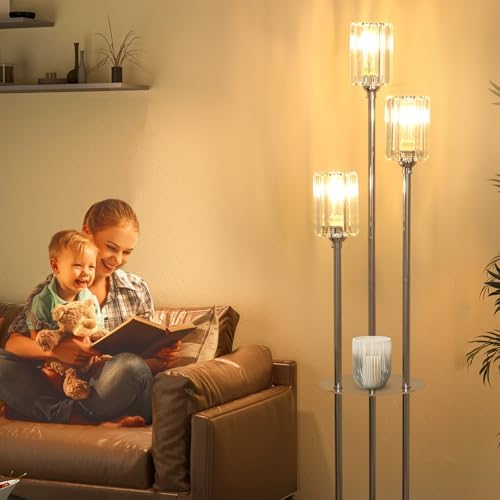 Rayofly 3-Light Crystal Floor Lamp with Shelves | Modern Chrome Standing Lamp