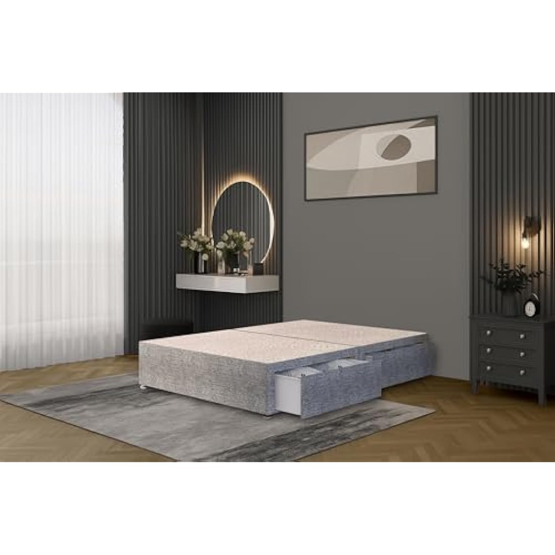 Jolof Store Tweed Gray Flexby Divan Bed Base with 2 Storage Drawers