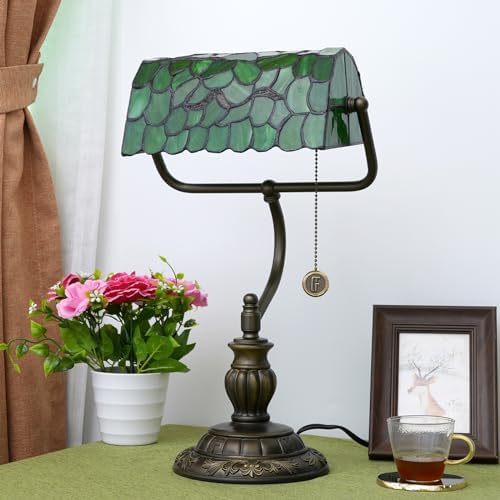 Blivuself Tiffany Bankers Desk Lamp – Green Stained Glass Tree Leaf Light
